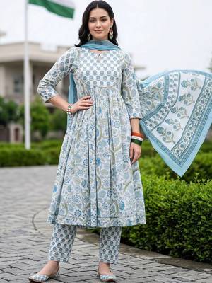 women floral printed empire cotton kurta with trousers & with dupatta 6