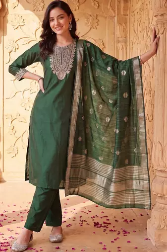 women ethnic motifs embroidered regular thread work liva kurta with trousers & with dupatta
