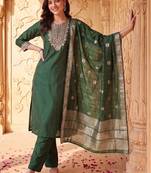 women ethnic motifs embroidered regular thread work liva kurta with trousers & with dupatta