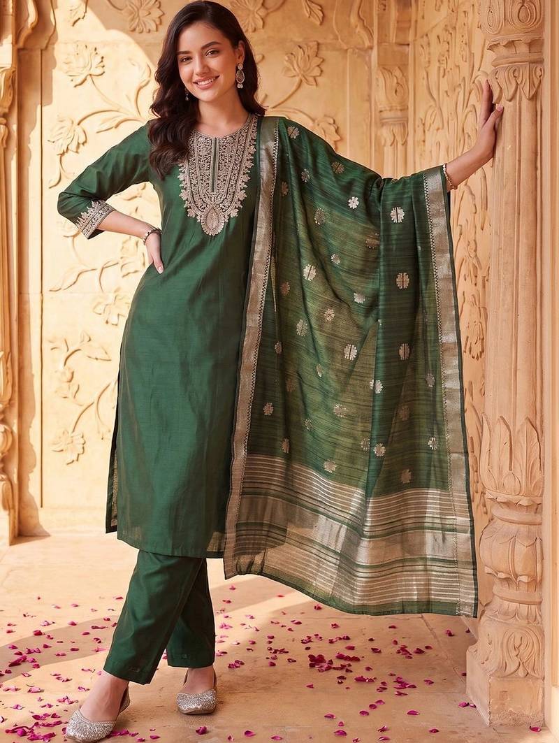 women ethnic motifs embroidered regular thread work liva kurta with trousers & with dupatta