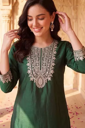 women ethnic motifs embroidered regular thread work liva kurta with trousers & with dupatta