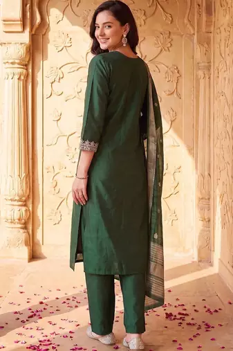 women ethnic motifs embroidered regular thread work liva kurta with trousers & with dupatta