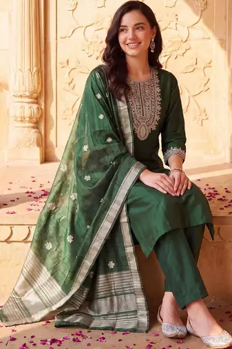 women ethnic motifs embroidered regular thread work liva kurta with trousers & with dupatta