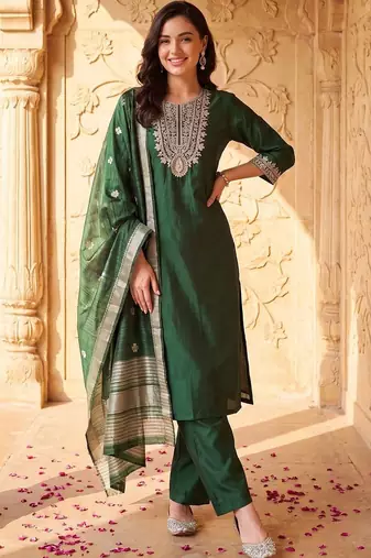 women ethnic motifs embroidered regular thread work liva kurta with trousers & with dupatta
