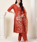 women floral embroidered regular thread work kurta with trousers & with dupatta