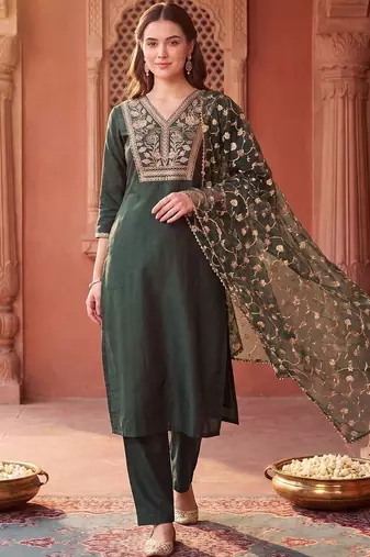 women ethnic motifs embroidered regular thread work liva kurta with trousers & with dupatta