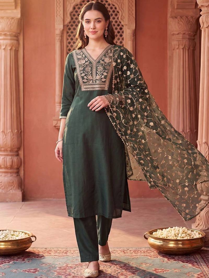 women ethnic motifs embroidered regular thread work liva kurta with trousers & with dupatta