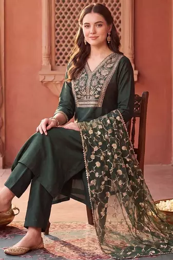 women ethnic motifs embroidered regular thread work liva kurta with trousers & with dupatta
