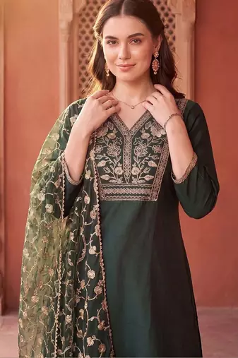 women ethnic motifs embroidered regular thread work liva kurta with trousers & with dupatta
