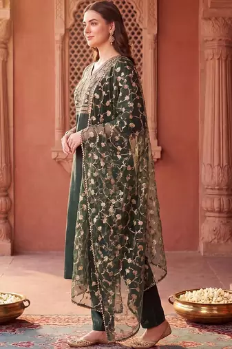 women ethnic motifs embroidered regular thread work liva kurta with trousers & with dupatta