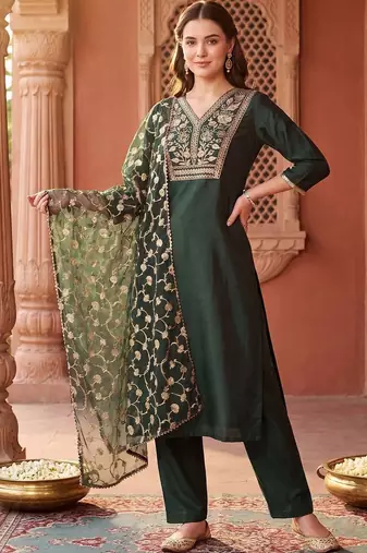 women ethnic motifs embroidered regular thread work liva kurta with trousers & with dupatta