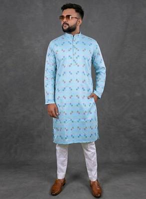 Sky blue pure cotton printed kurta pajama 1
