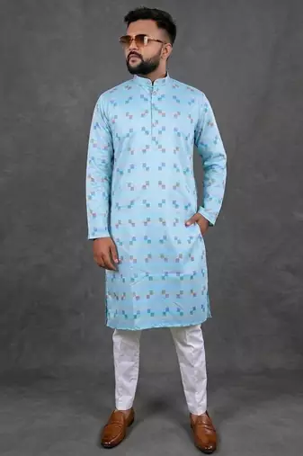 Sky blue pure cotton printed kurta pajama