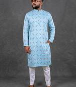 Sky blue pure cotton printed kurta pajama