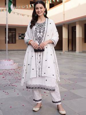 women ethnic motifs embroidered regular thread work cotton kurta with trousers & with dupatta 1