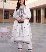 women ethnic motifs embroidered regular thread work cotton kurta with trousers & with dupatta