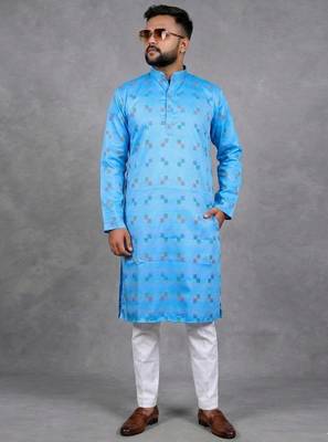 Blue pure cotton printed kurta pajama 1