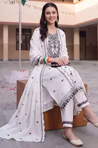 women ethnic motifs embroidered regular thread work cotton kurta with trousers & with dupatta