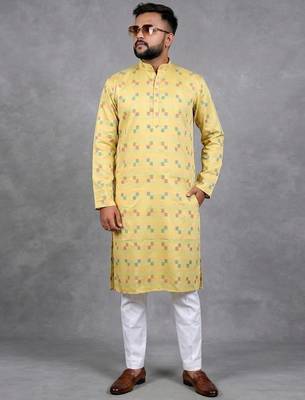 Yellow pure cotton printed kurta pajama 1
