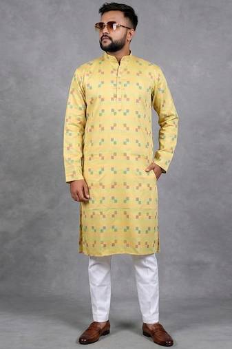 Yellow pure cotton printed kurta pajama