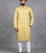 Yellow pure cotton printed kurta pajama