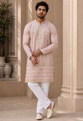 Peach lachka silk embroidered kurta pajama 1