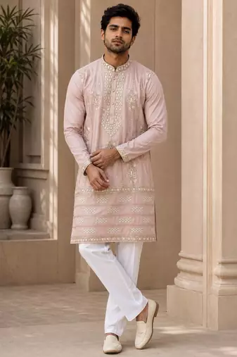 Peach lachka silk embroidered kurta pajama