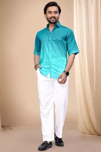 Turquoise blue soft cotton plain shirt