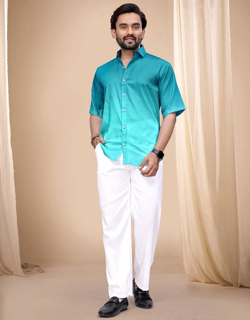 Turquoise blue soft cotton plain shirt