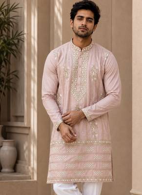 Peach lachka silk embroidered kurta pajama 2