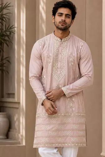 Peach lachka silk embroidered kurta pajama
