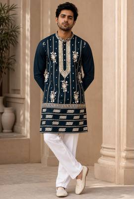 Navy blue lachka silk embroidered kurta pajama 1