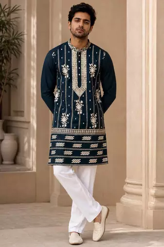 Navy blue lachka silk embroidered kurta pajama