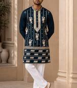 Navy blue lachka silk embroidered kurta pajama