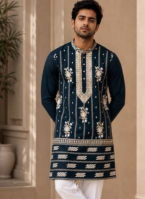 Navy blue lachka silk embroidered kurta pajama 2