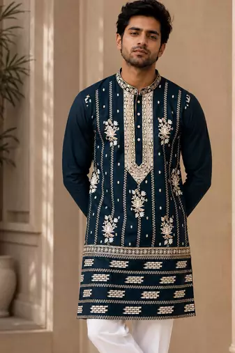 Navy blue lachka silk embroidered kurta pajama