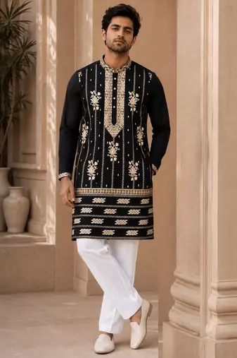 Dark navy blue lachka silk embroidered kurta pajama