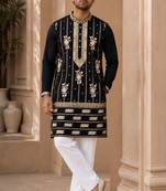 Dark navy blue lachka silk embroidered kurta pajama