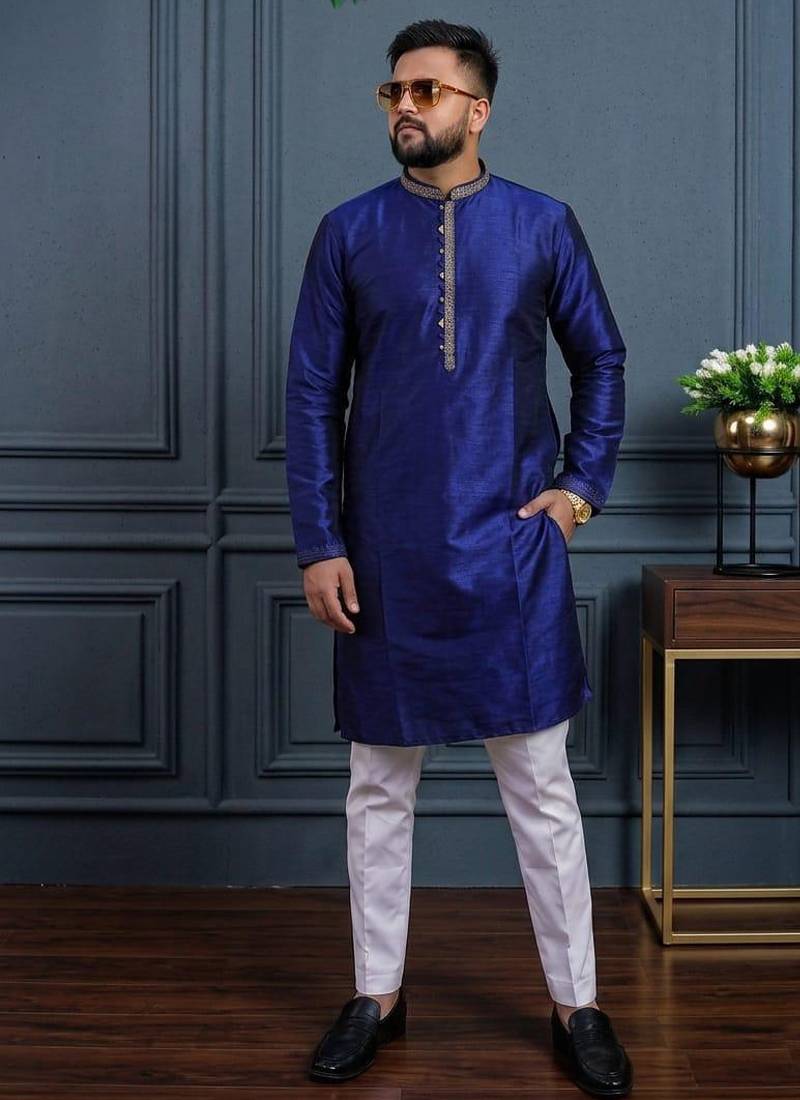 Navy blue banglori silk plain kurta pajama