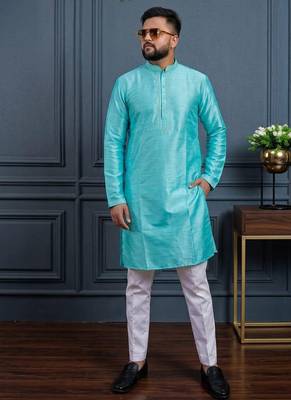Sky blue banglori silk plain kurta pajama 1