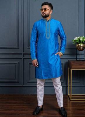 Blue banglori silk plain kurta pajama 1