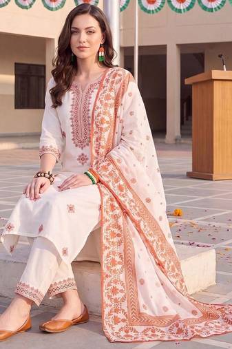 women ethnic motifs embroidered regular thread work cotton kurta with trousers & with dupatta