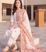 women ethnic motifs embroidered regular thread work cotton kurta with trousers & with dupatta