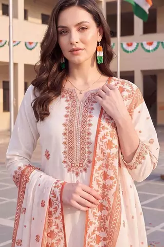 women ethnic motifs embroidered regular thread work cotton kurta with trousers & with dupatta