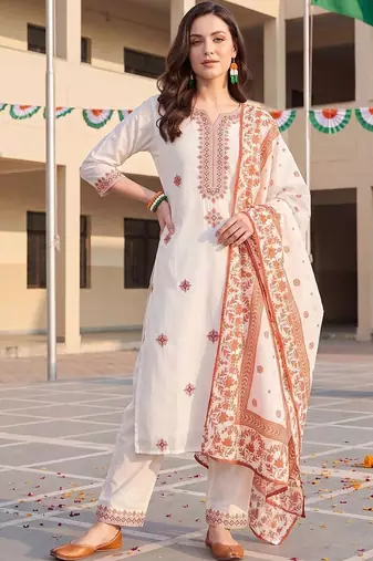 women ethnic motifs embroidered regular thread work cotton kurta with trousers & with dupatta
