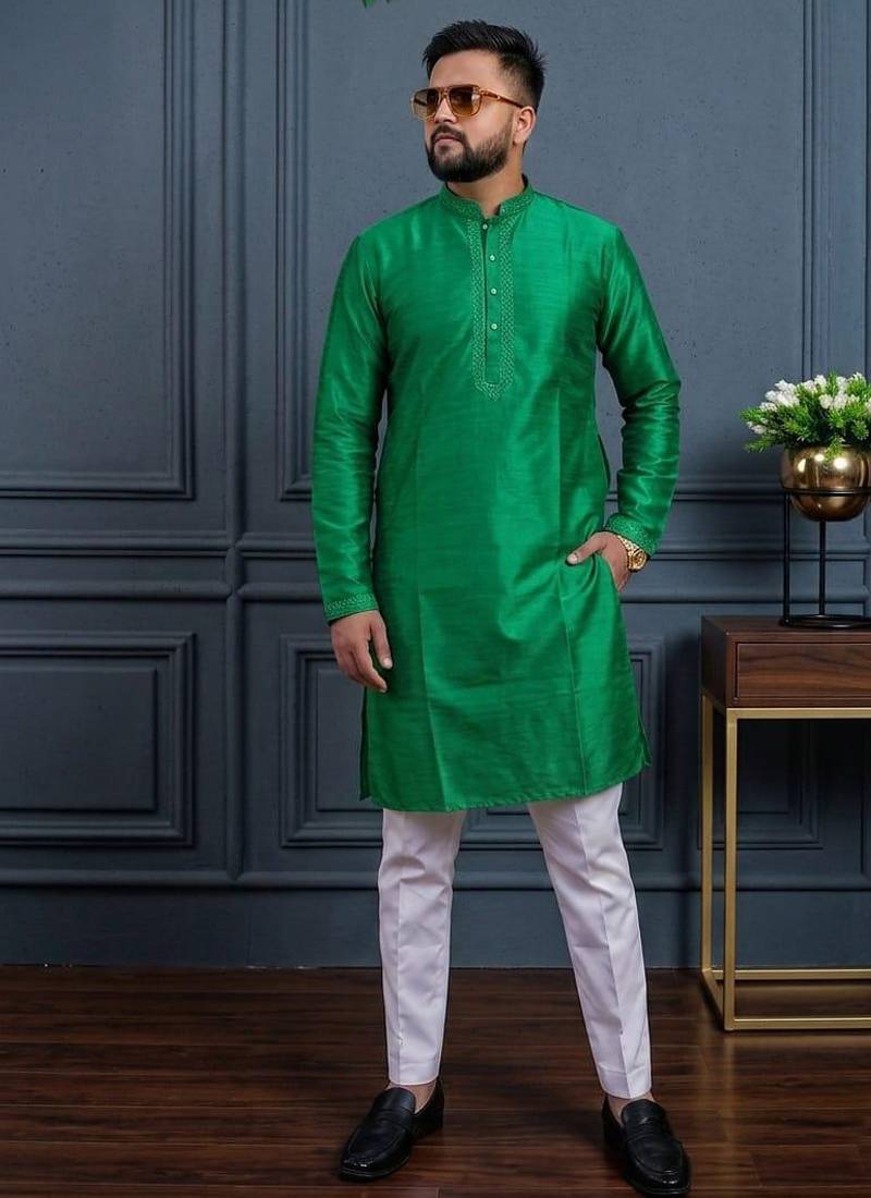 Green banglori silk plain kurta pajama