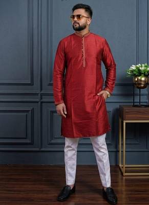 Red banglori silk plain kurta pajama 1
