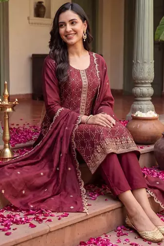 women embroidered regular thread work kurta with trousers & with dupatta