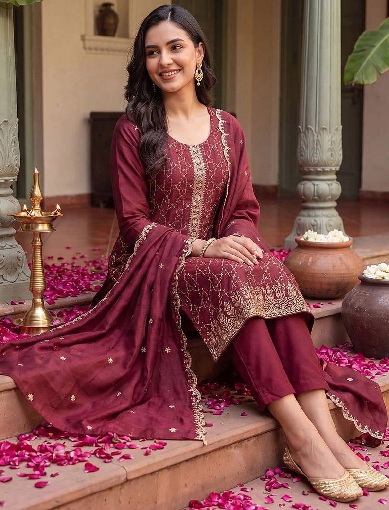 women embroidered regular thread work kurta with trousers & with dupatta