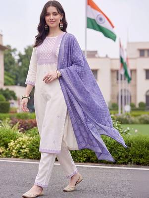 women ethnic motifs embroidered regular thread work cotton kurta with trousers & with dupatta 1
